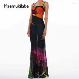 Casual Dresses Maemukilabe 90s Vintage Tie Dye Print Maxi Dress Sexy Front Tie-Up Sleeveless Spaghetti Strap Long Women Cocktail Vestidos