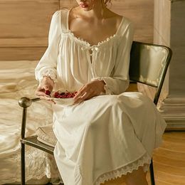 Women Square Collar Princess Dress Long Sleeve Sleepshirts Vintage Stringy Selvedge Nightgown.Cotton Nightdress Sleep Loungewear 240104