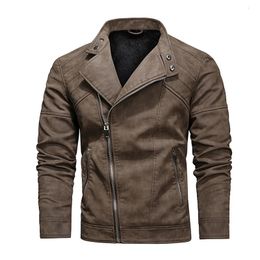 Men Winter Fleece Warm Diagonal Zipper Motorcycle Coats Mens Fashion Biker PU Jackets Slim Overcoat Military Leather Jacket 240105