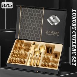 Stainless Steel Cutlery 24pcs Beautiful Complete Tableware Dinner Set Table Luxury Golden Fork Spoon Knife Christmas Gift 240105