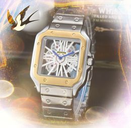 Fashion Hollow Skeleton Square Watches Quartz Movement Silver Gold Men Watch Square Tank Stainless Steel Case Original Clasp Analogue Casual Wristwatches Gifts