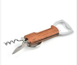 Openers Wooden Handle Bottle Opener Keychain Knife Pulltap Double Hinged Corkscrew Stainless Steel Key Ring Openers Bar WY1013353934
