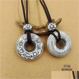 Pendant Necklaces S999 Sterling Sier Vintage Peace Buckle Buddha Eight Treasures Heart Sutra Six Words Mantra Couple Necklace Drop D Dhj9S