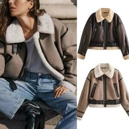 Y2K Fashion Lapel Lamb Wool Leather Jacket Autumn Winter Women Faux Fur Coat Vintage Long Sleeve Zip Up Fleece Cropped Coats 240104