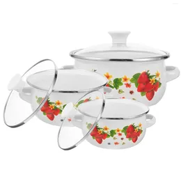 Double Boilers 3 Pcs Enamel Pot With Handles Pans Food Stackable Kitchen Cooking Small Container