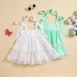 Girl Dresses Children Baby Princess Dress Sleeveless Tie Strap Swiss Dots Ruffle Tulle Toddler Summer Beach Outfit