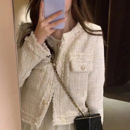 HJLZWB Fashion Korean Chic Vintage Tweed Woollen Jacket Coat Women Autumn Single Breasted Plaid Tassel Office Lady Outwea 240104