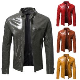 Men's Autumn Shiny Leather Jacket Fashion Self-cultivation Stand-up Collar Motorcycle Suit PU Handsome Short Top S-5XL 240104