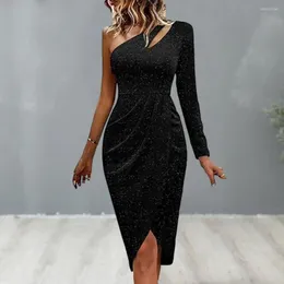 Casual Dresses Long Sleeve Party Dress Elegant One-shoulder Sequins Women's Banquet Sparkling Bodycon With For Special