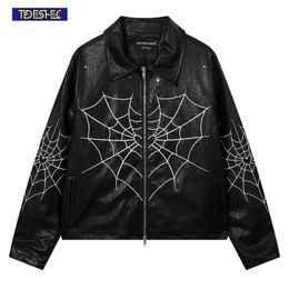 Winter Gothic Zipup Coat Spider Web Embroidery Casual Jackets Hipster Y2k Harajuku Punk Streetwear Leather Jacket Coats 240105