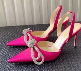 Mach&Mach satin Bowtie heeled sandals Triple Heart Crystal Slingback Pumps Evening shoes Pointed Pink Rhinestone Stiletto Heels