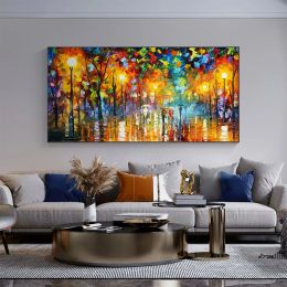 Colorful Rainy Street Cityscape Oil Painting on Canvas, Large Abstract Palette Knife Acrylic Living Room Wall Art for Halloween