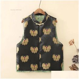 Ethnic Clothing 2024 Woman Vintage Hanfu Tops Chinese Traditional Vest National Butterfly Jacquard Oriental Sleeveless Jacket Tang Dro Otpbz