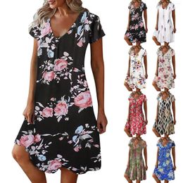 Casual Dresses Women's Fashion A Type V Neck Short Sleeve Floral Flower Print Loose Dress