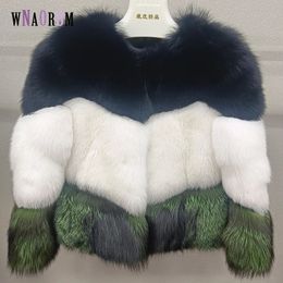 100% natural real fox fur womens colorblocking fashion real fur jacket warm jacket high quality party real fur coat 240105