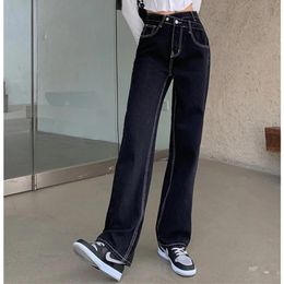 skirt New Arrival Spring Autumn Women Allmatched Cotton Denim Anklelength Pants Button Fly Waist Loose Casual Straight Jeans V08