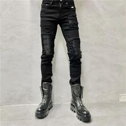 Men's Tracksuits High Street Fashionable Washed Stretch Slim Fit Skinny Jeans Pants Personality Leather Patchwork Close-Fitting Boot