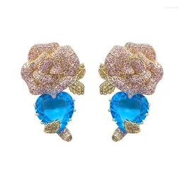 Dangle Earrings Three-dimensional Rose Flower For Ladies Micro Pave Cubic Zirconia Flowers Heart Stud Earings Brand Design Jewellery