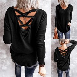 Women's T Shirts Summer Outfits For Women 2024 Tops Sexy Features Loose Backless Cross Webbing Solid Colour Long Sleeve