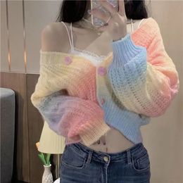 Korean Version Gradient Colour Rainbow Twist Sweater Cardigan Women's Spring and Autumn V-neck Short Knitted Jacket Casual 240104