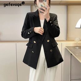 Women Korean Fashion Elegant Solid Slim Double Breasted Blazer Spring Autumn Office Lady Business Casual Long Sleeve Suit Jacket 240105