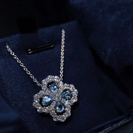 S925 Silver Luxury Four Leaf Clover Necklace for Women full diamond navy blue collarbone chain choker sweet flower hollow charm designer necklaces jewelry gift