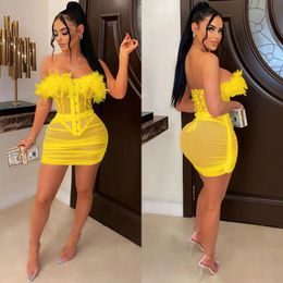 Jackets Sexy Women Feather Two Piece Set Strapless Shirt + Mini Skirt Dress Sheer Mesh Party Night Clubwear Dresses for Women Outfit