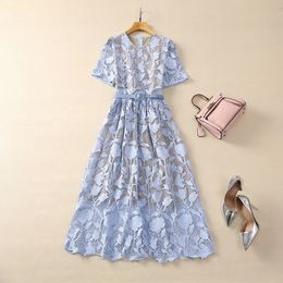 2024 Spring Blue Floral Lace Belted Dress Short Sleeve Round Neck Panelled Midi Casual Dresses S3D121214