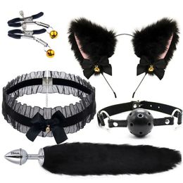 Fox Tail Anal Plug Metal Butt Plug Tail Cat Ears Headbands Bell Collar Mouth Plugs Erotic Cosplay Set Intimate Toys for Couples 240105