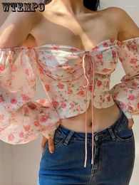 Women's Blouses Off Shoulder Floral Shirt Sexy Bow Tie Womens Blouse Fashion Korean Tops Elegant Corset Top Summer Thin Long Sleeve Blusas