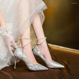 Dress Shoes Pearl Belt Crystal ShoesTwo Wears Bridal Temperament Wedding Girl Bridesmaid Silver High Heels 4929