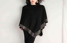 ZJZLL 2021 New Autumn Fashion Winter Diamonds Knit Wool Shawl Cloak Loose Plus Size Solid Woman Poncho Cape Pullover Sweater H11233585671