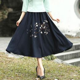 T-Shirt New Chinese Style Skirts Spring Summer Restore High Waist Skirt Woman Pleated Skirt Long Befree Embroidery Solid Green Drak Blue