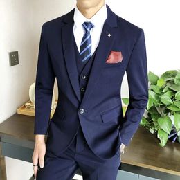 JacketsVestPants Fashion Men's Slim Fit Business Suits/Male High-grade Pure Cotton Groom Get Married Dress 3 Pcs S-4XL 240104