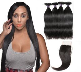 Ishow Brazilian Hair Weaves 10A Human Hair Bundles With Closure Straight Peruvian Hair Extensions 4bundles Wefts for Women Girls A6407574