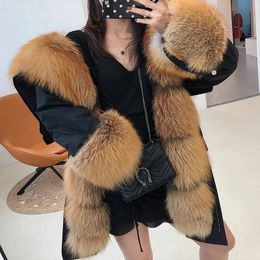 Jacket Female Natural Real fur Coat Womens coat Winter fox fur collar jacket parka Womens clothing 240105