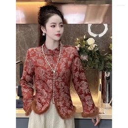 Ethnic Clothing Chinese Traditional Coat Jacquard Splicing Temperament Versatile Stand Up Collar Long Sleeve Cotton Jacket Women's Winter