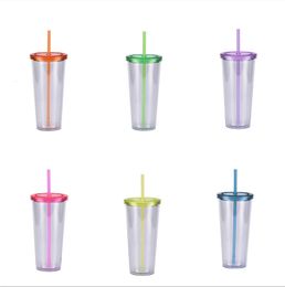 Flat Lid 700ml 24oz Clear Plastic Double Wall Tumbler Cup With Straw With Black Green Blue Orange Red Lid Coffee Mugs 240104