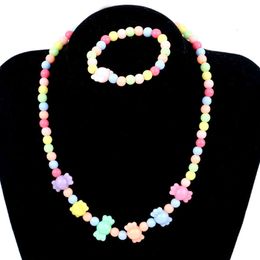 Children Style Korean Set Little Girl Jewelry Environmentally Friendly Acrylic Colored Bead Elastic Necklace Bracelet