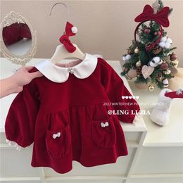 Children Girls Plus Velvet Dress Autumn Winter Year Princess Knotbow Baby Girl Long Sleeve Toddler 240104