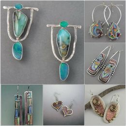 Dangle Earrings Ethnic Painting Teal Texture Boho For Women Tribal Jewellery Vintage Handmade Silver Colour Multicolor