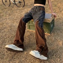 American street personality hiphop men and women loose fitting corduroy patchwork jeans high straight leg casual pants 240104
