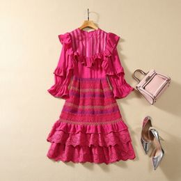 2024 Spring Hot Pink Solid Colour Embroidery Dress 3/4 Sleeve Round Neck Ruffled Knee-Length Casual Dresses S3D121214