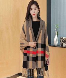 ZJZLL 2021 Whole Knit Tops Classic Plaid Cloak Warm Custom Winter Capes Scarves Shawls Cashmere Pashmina Wraps Women Poncho Y11555908