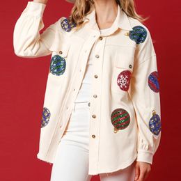 Denim Jacket Women Sequin Coat Autumn Corduroy Christmas Pockets Jeans Y2k Vintage Maxi Windbreaker Outwear Colorblock 240104