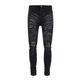 purple jeans designer mens pants AMRI203 New Black Knee Hole Gold Thread Slim Fit Jeans Trend