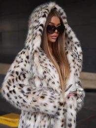 Faux Fur XLong Coats Eco Lynx With a Hood Winter Jackets Woman Length 120cm Coat Female White 240104