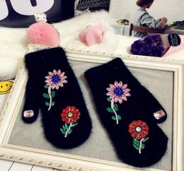 Five Fingers Gloves Women Winter Colourful Crystal Flower Design Fur Fashion Hand Warmes Brand12103585