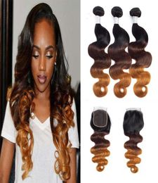 Brazilian Virgin Hair Bundles with Closures Natural Wave Human Hair Bundles Ombre Three Tone Hair Weaves 828 inch1853010