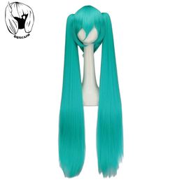 Wigs QQXCAIW Cosplay Wig Long Synthetic Hair Green Heat Resistant Party Wigs with 2 Clip On Double Ponytail